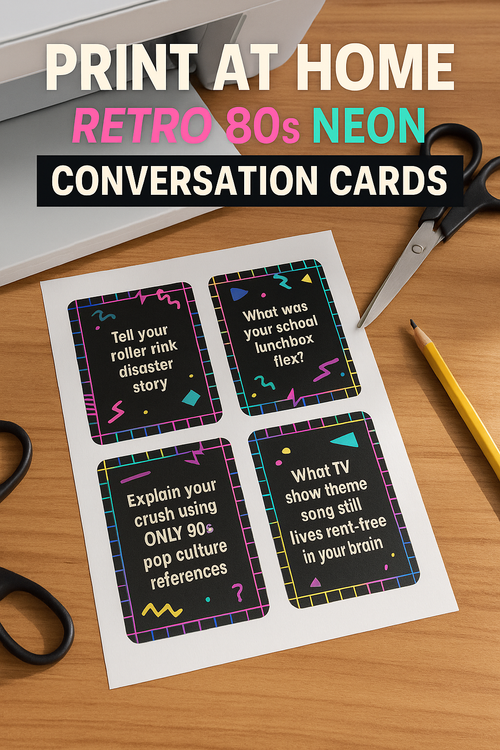 Retro 80s Neon Gen X Conversation Cards — 50 Printable Cards (Digital Download)